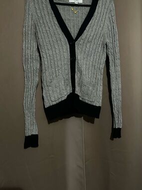 LOFT Gray Cable-Knit Cardigan with Black Trim